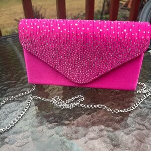 Dasein Frosted Satin Evening Clutch Purse In Fusia With Rhinestone Embellishment